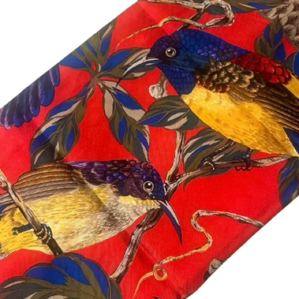 Christian Dior Stunning Vintage 100% Silk Scarf Birds & Foliage Print Red Blue